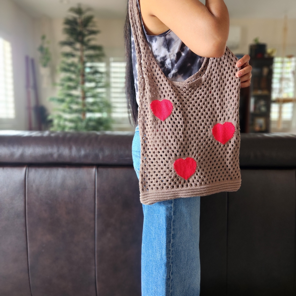 Stylish Brown Tote with Red Heart Details